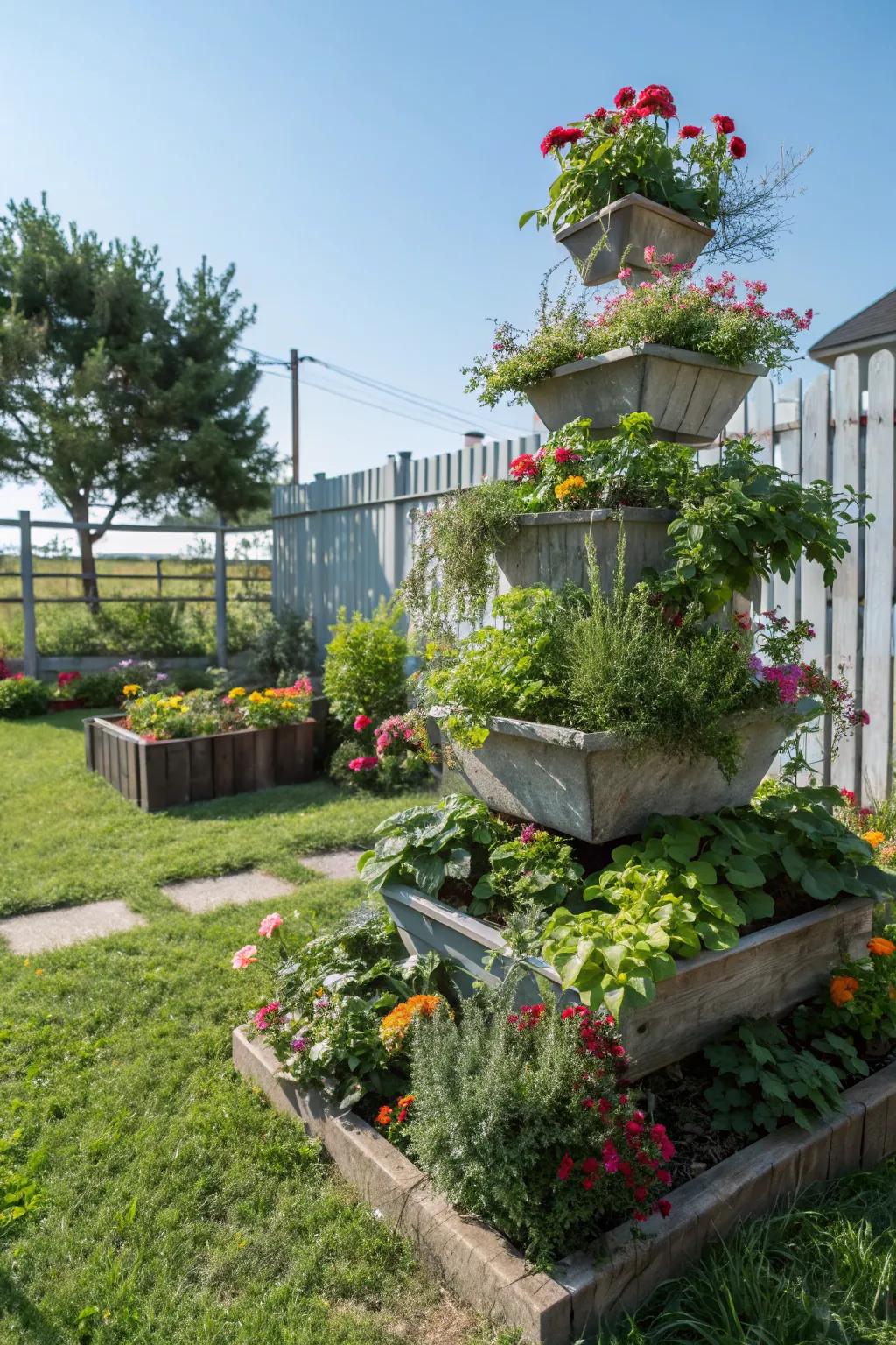 Tiered planters bringing softness to a compact garden.