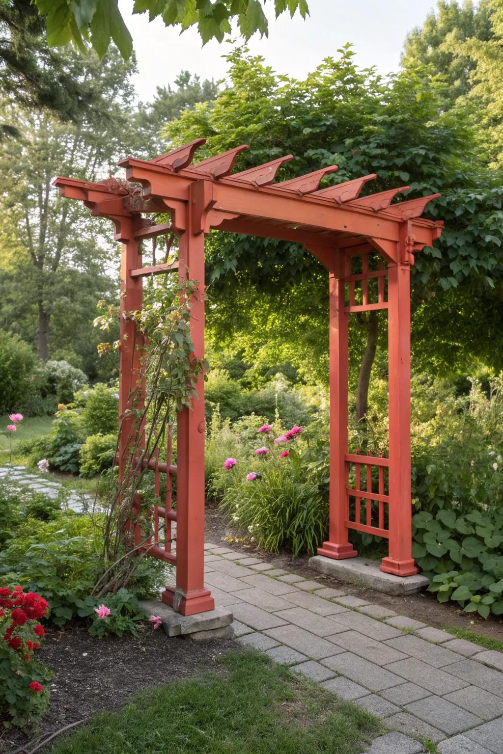 A colorful painted arbor stands out as a vibrant garden feature.