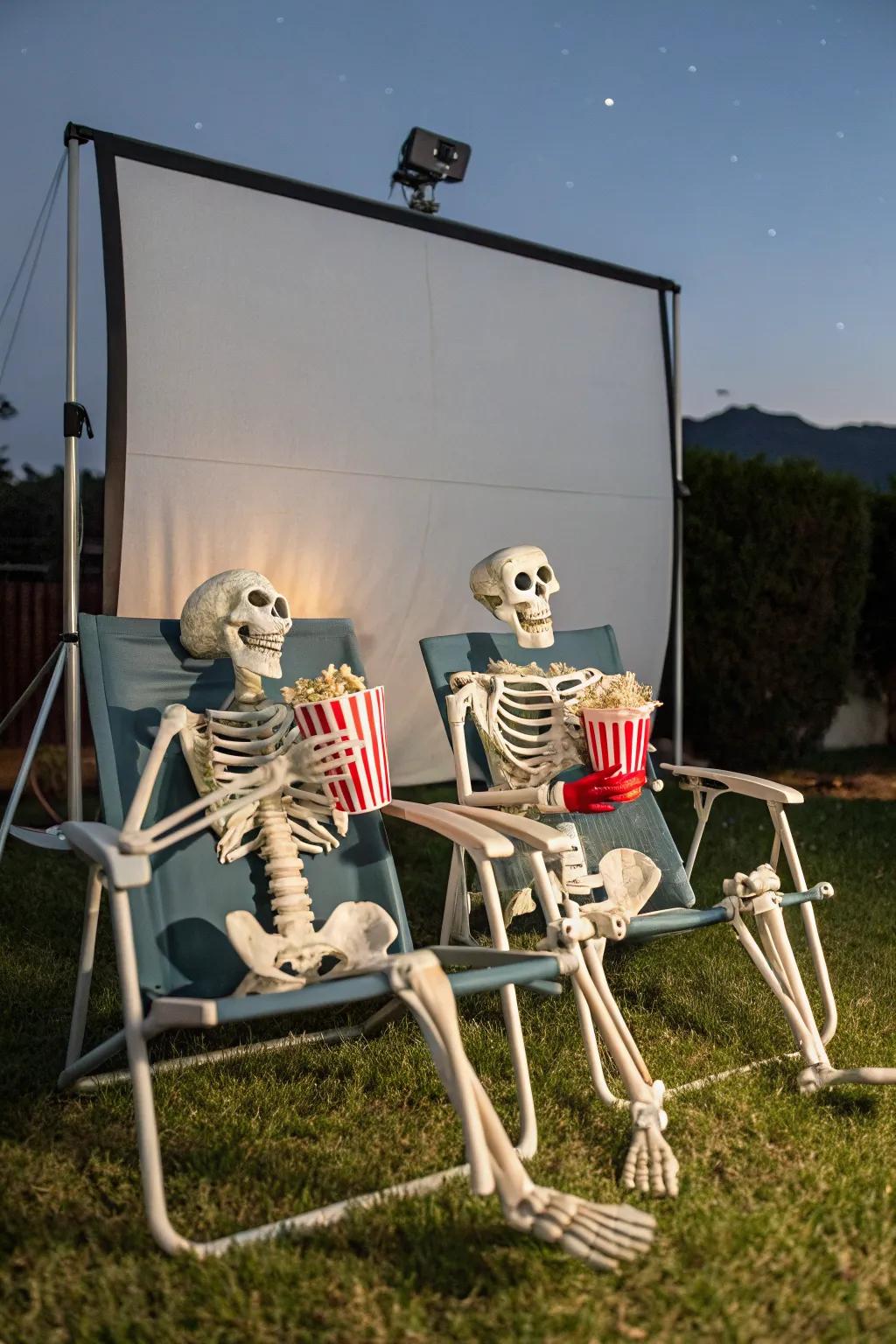 Skeletons enjoying a movie night under the stars, complete with snacks.
