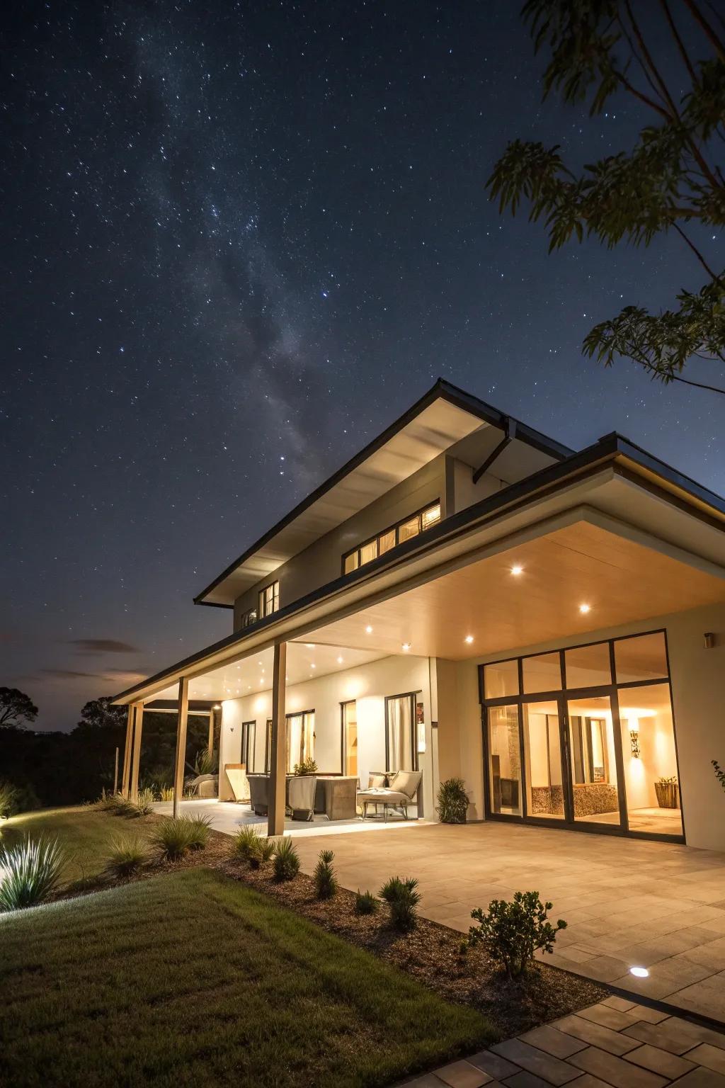 A skillion-roofed home beautifully lit with architectural lighting for dramatic effect.