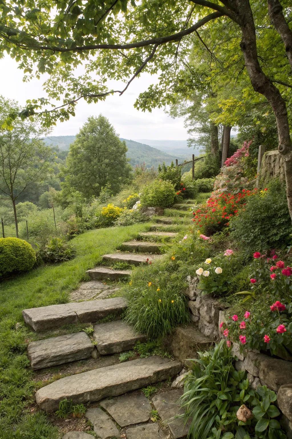 Stone steps provide elegance and accessibility on slopes.