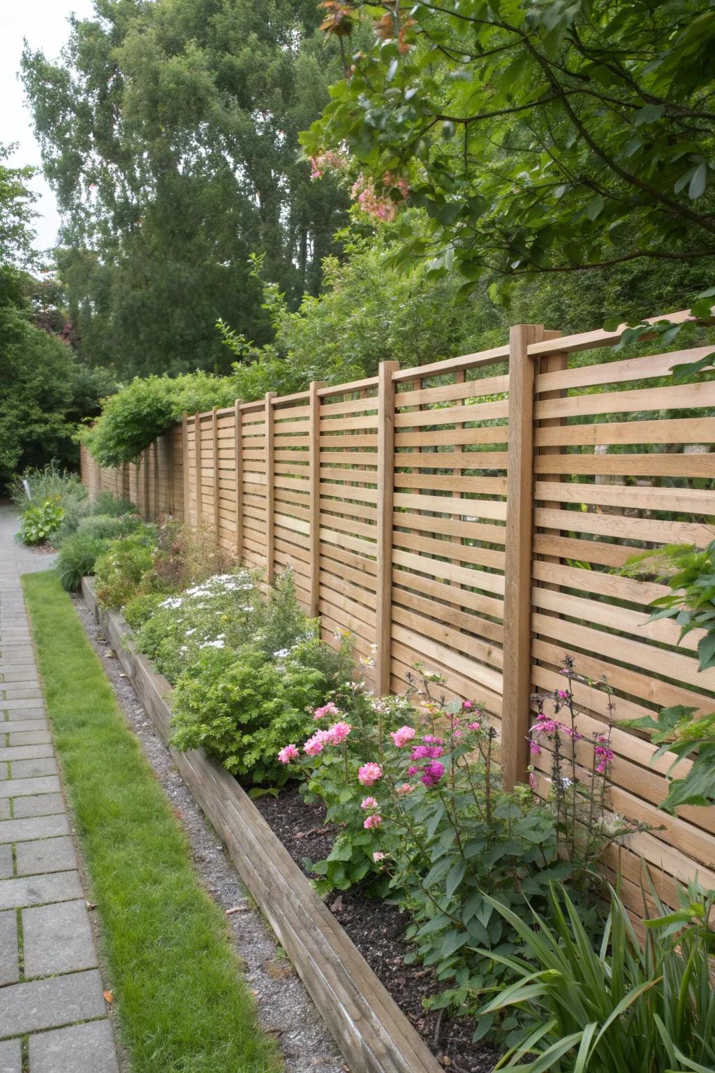A garden featuring a slat fence that also serves as a sound barrier.