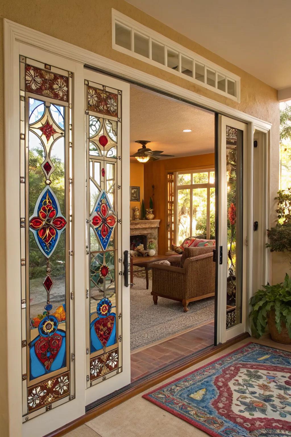 Stained glass adds an artistic touch to sliding doors.