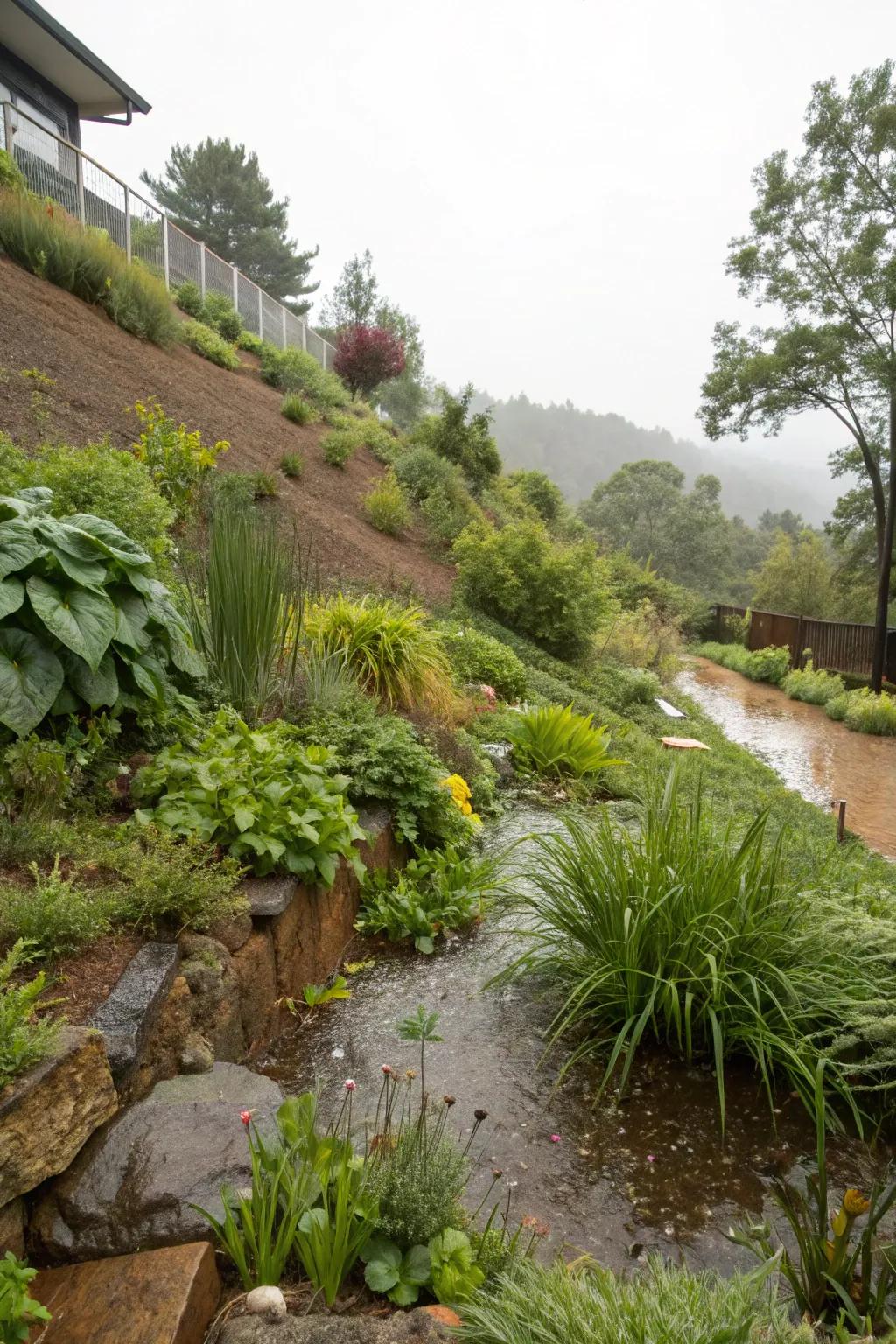 Rain gardens manage water runoff while enhancing beauty.