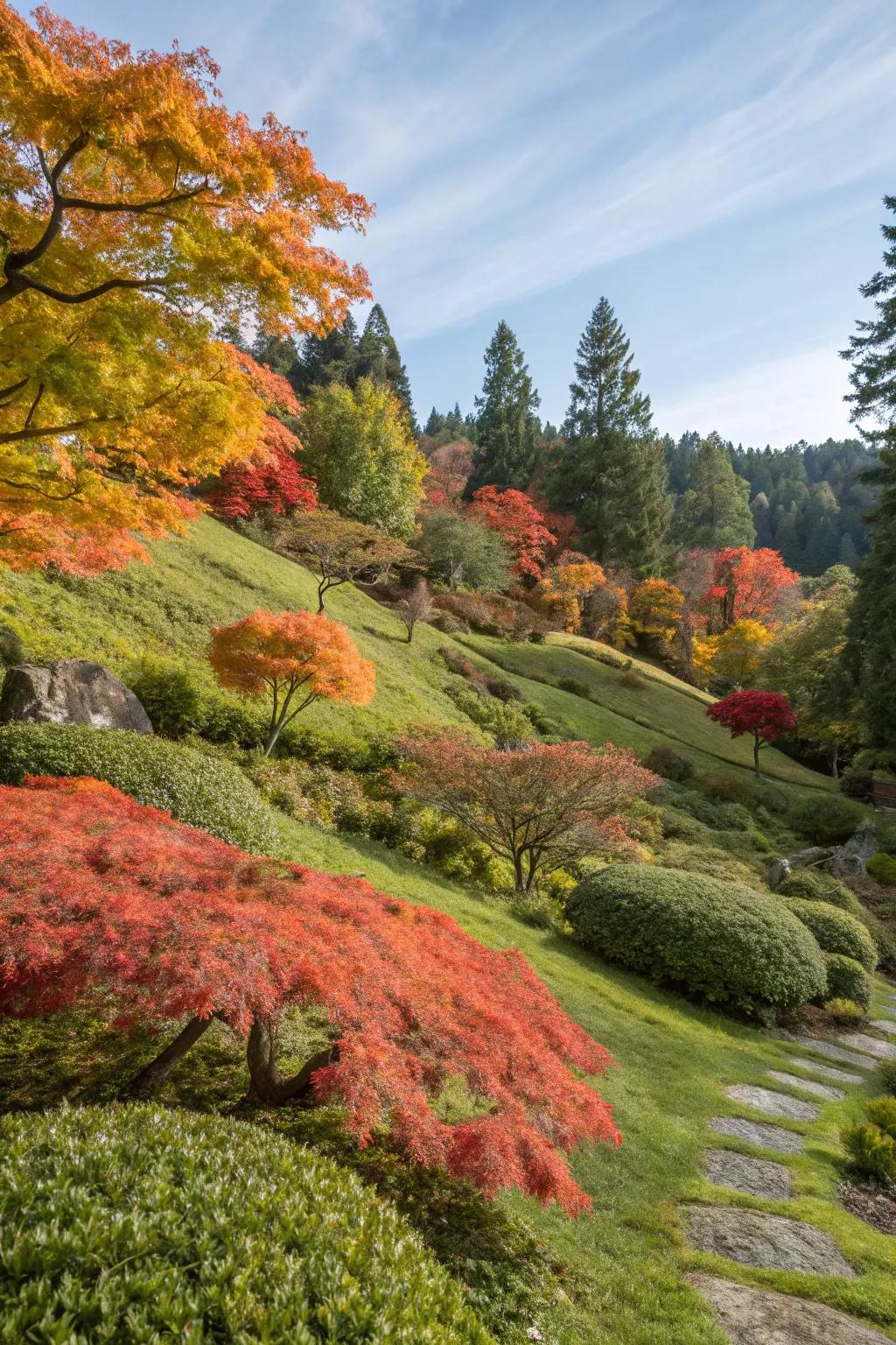 Colorful foliage provides year-round interest on your slope.