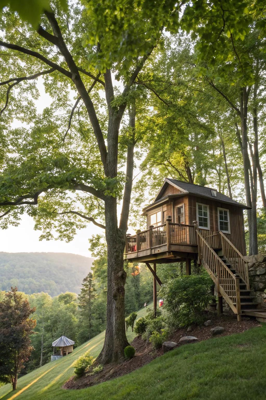 A treehouse adds whimsy and fun for all ages.