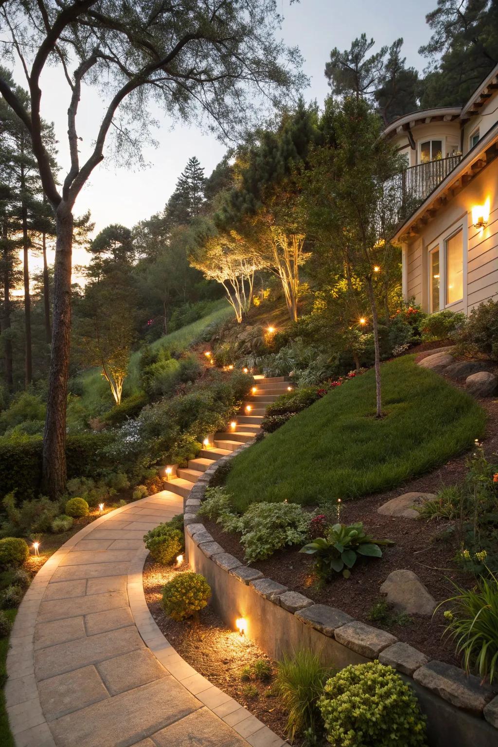 Lighting adds warmth and highlights features in sloped landscapes during the evening.