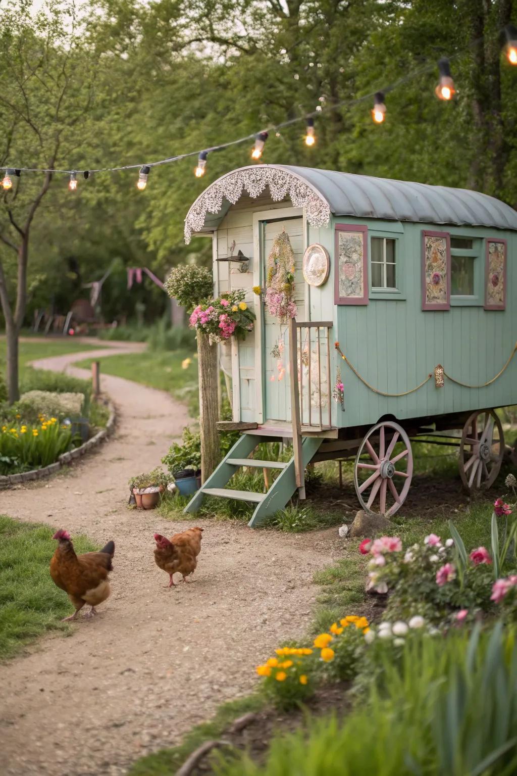 A vintage wagon coop that combines mobility with nostalgic charm.