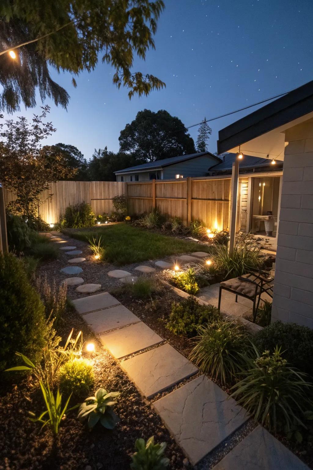 Ground lights create a captivating nighttime ambiance.