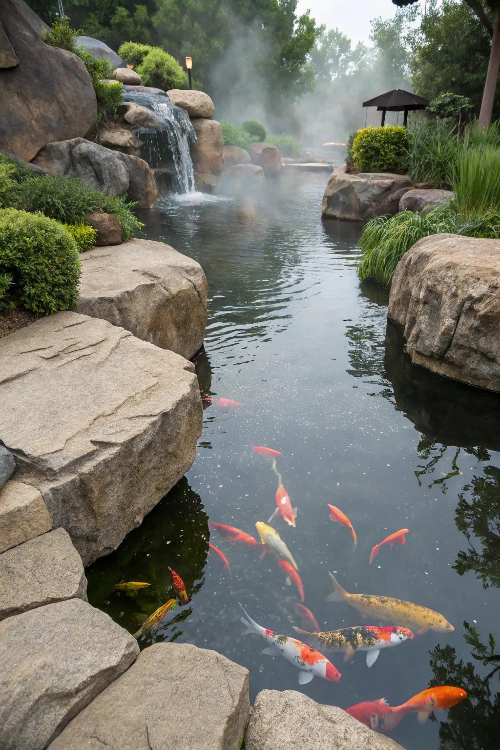 Natural boulders provide a rugged and natural pond edge.