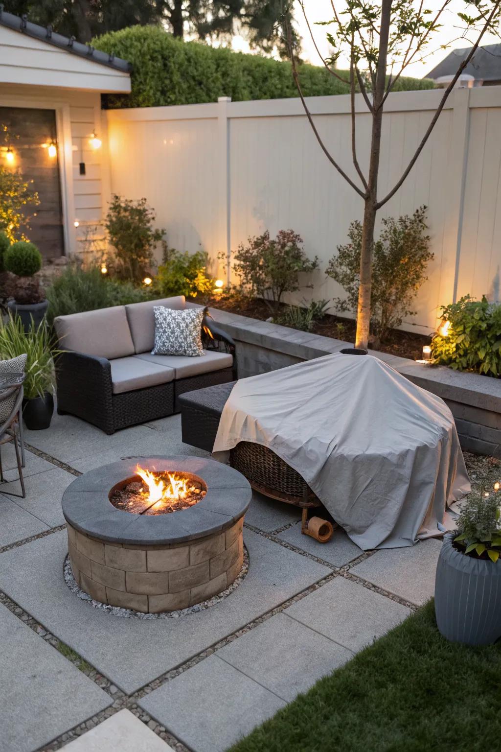 Smart and tidy hidden fire pit for a functional patio.