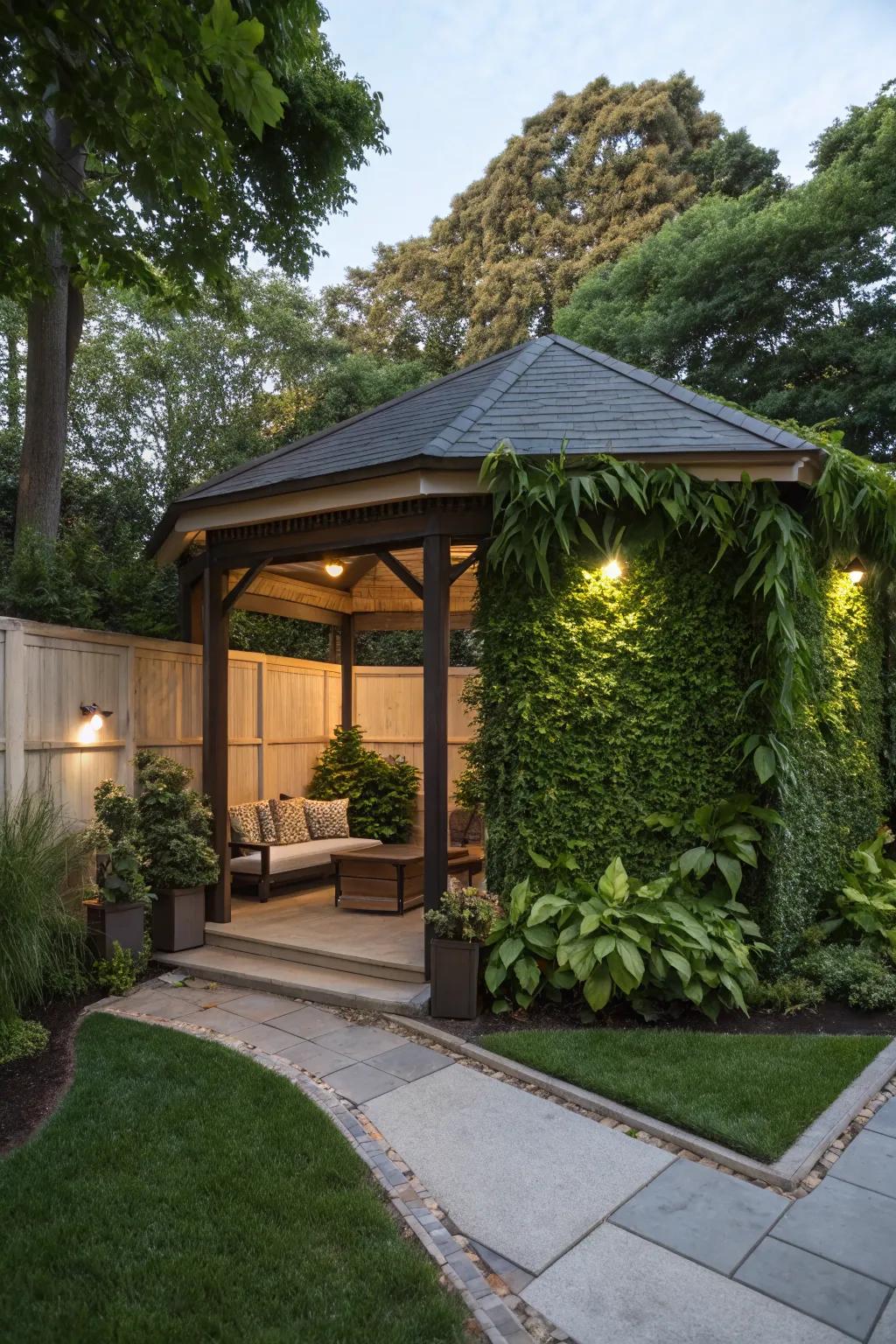 A pavilion featuring a vibrant vertical garden for natural beauty and privacy.