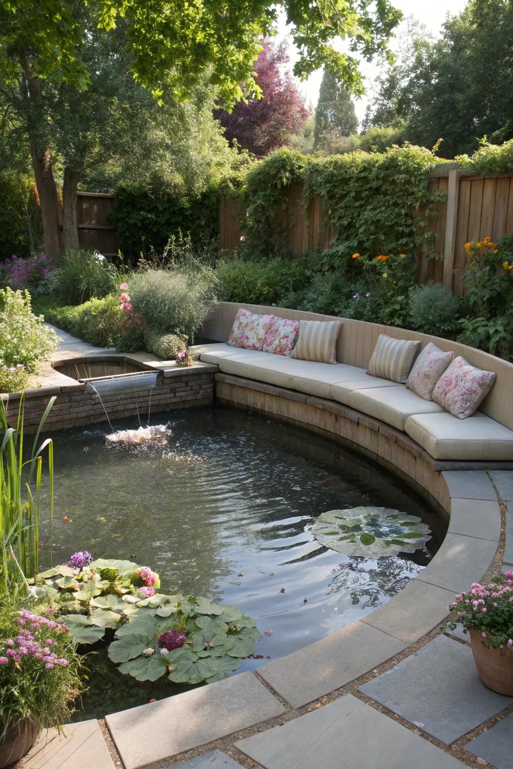 A backyard pond with an inviting sunken seating area.