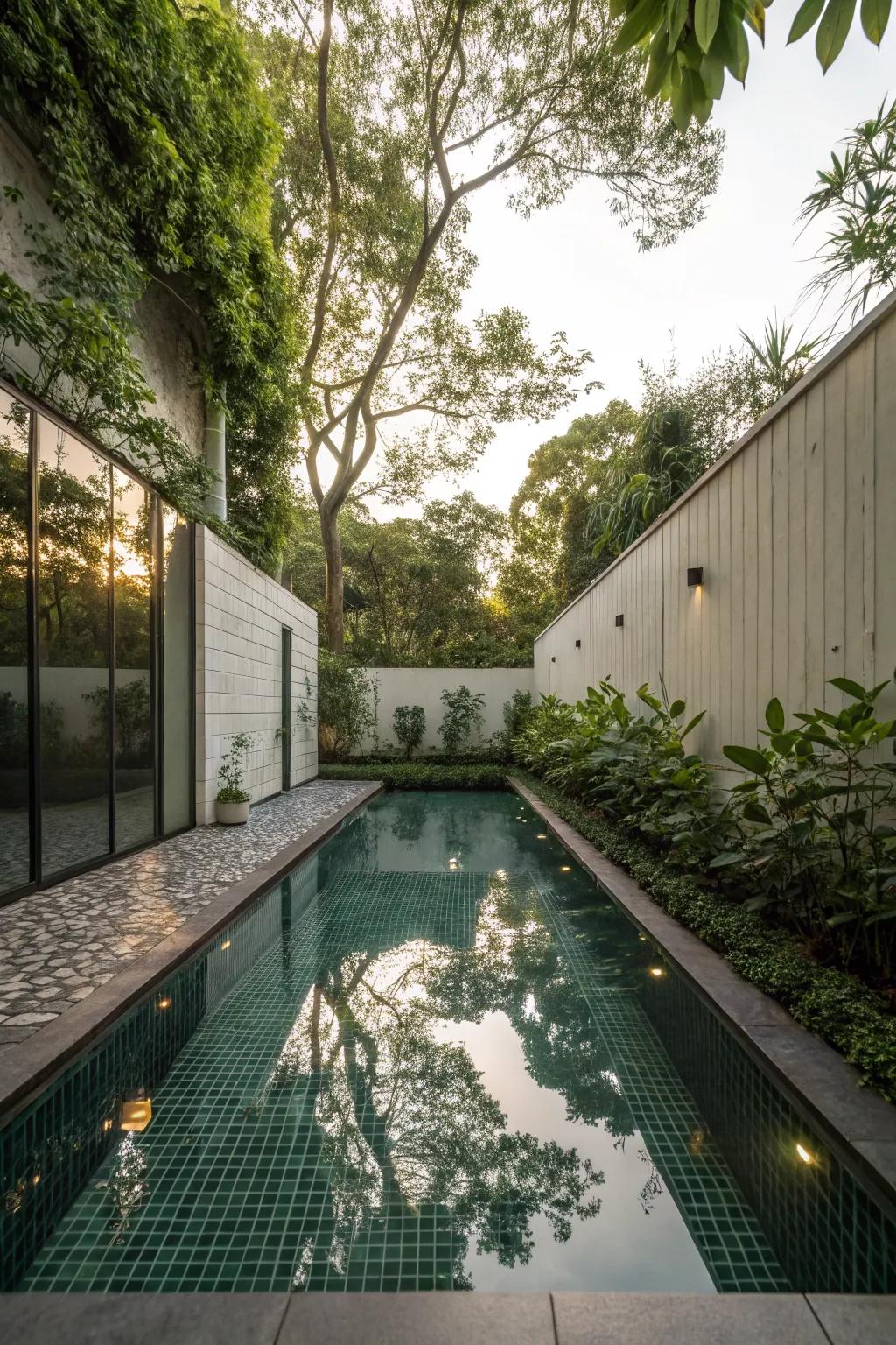 Reflective surfaces make the pool area feel larger and more open.