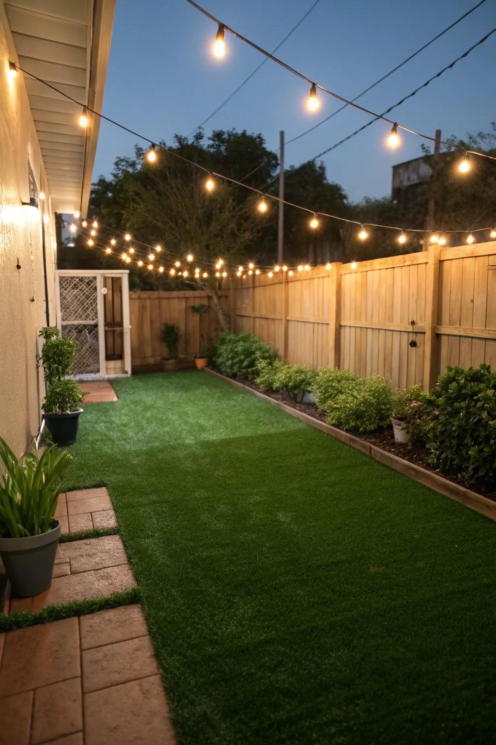 String lights on turf create a magical nighttime setting.
