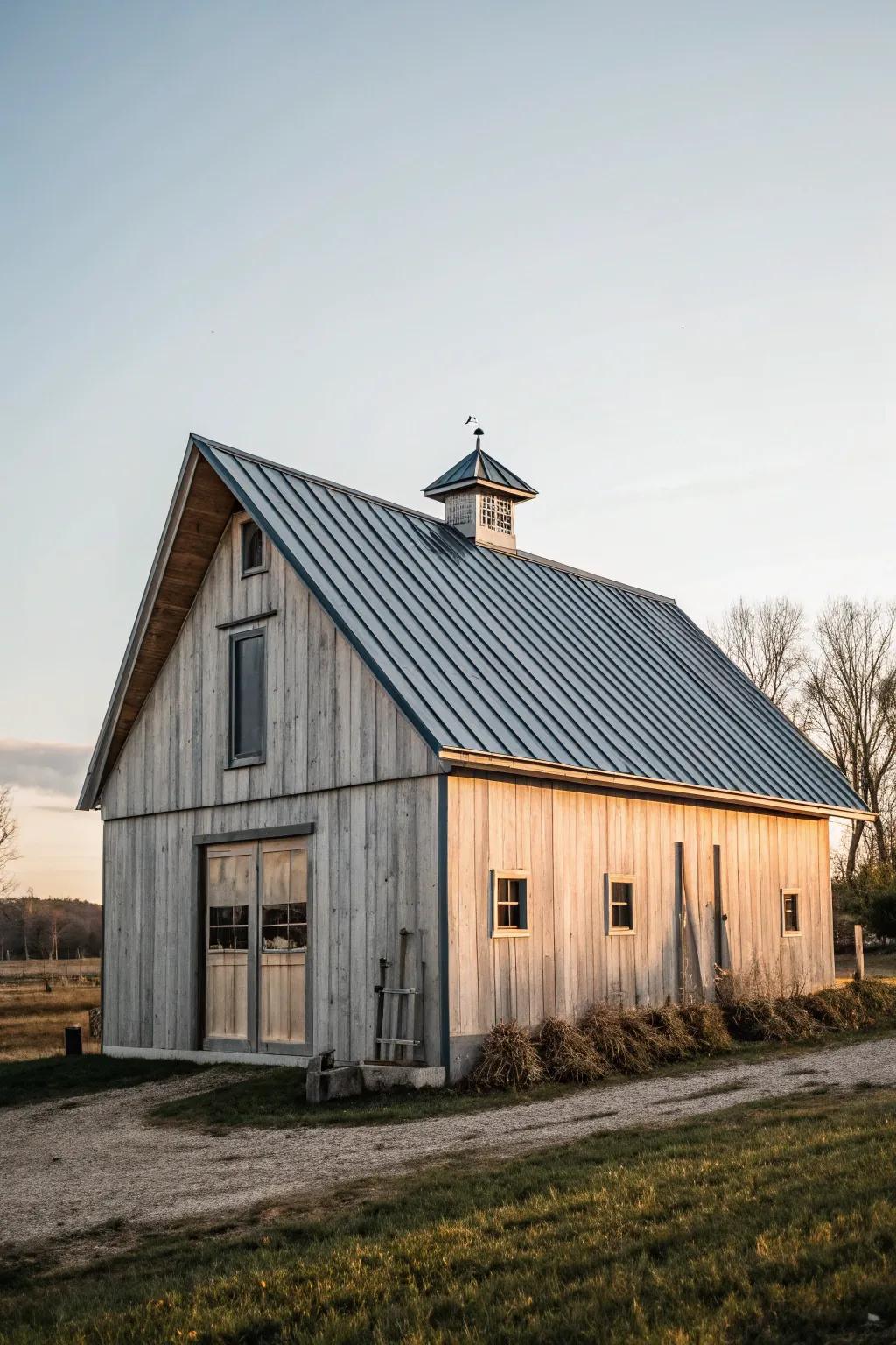 Unique corrugated metal roofing adds a modern twist to this barn.