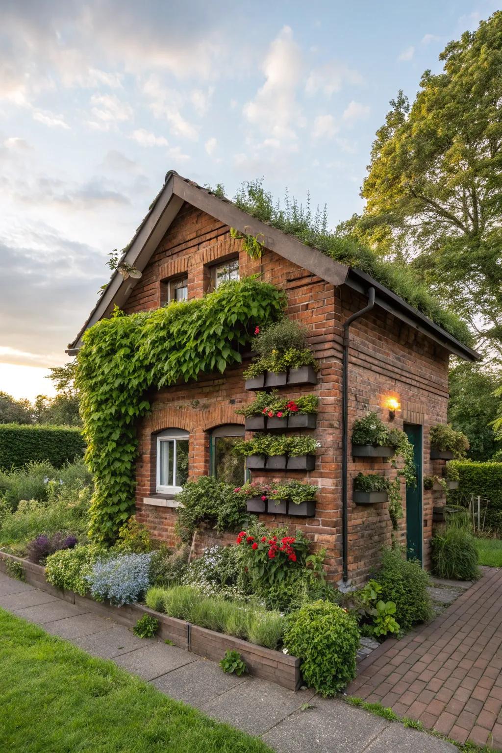 A small brick house with creative vertical gardening solutions.