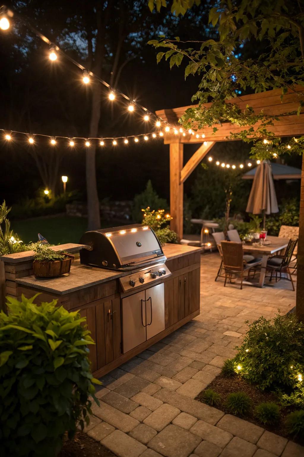 String lights create an enchanting nighttime ambiance.