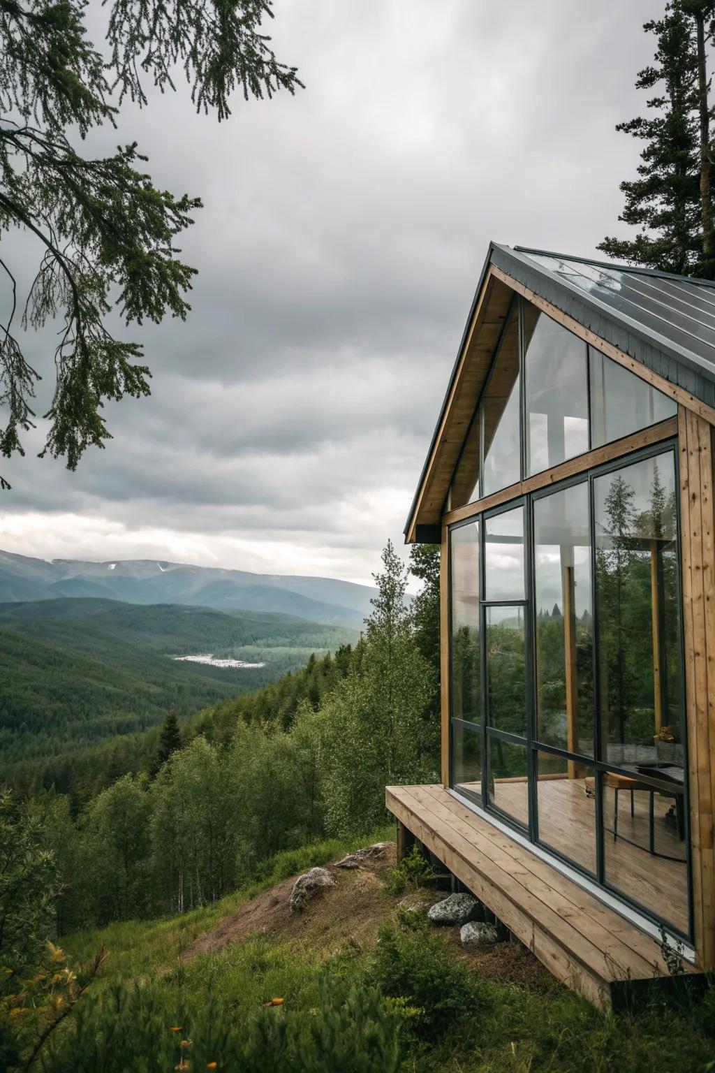 A cabin with glass panels that seamlessly blend indoor and outdoor living.