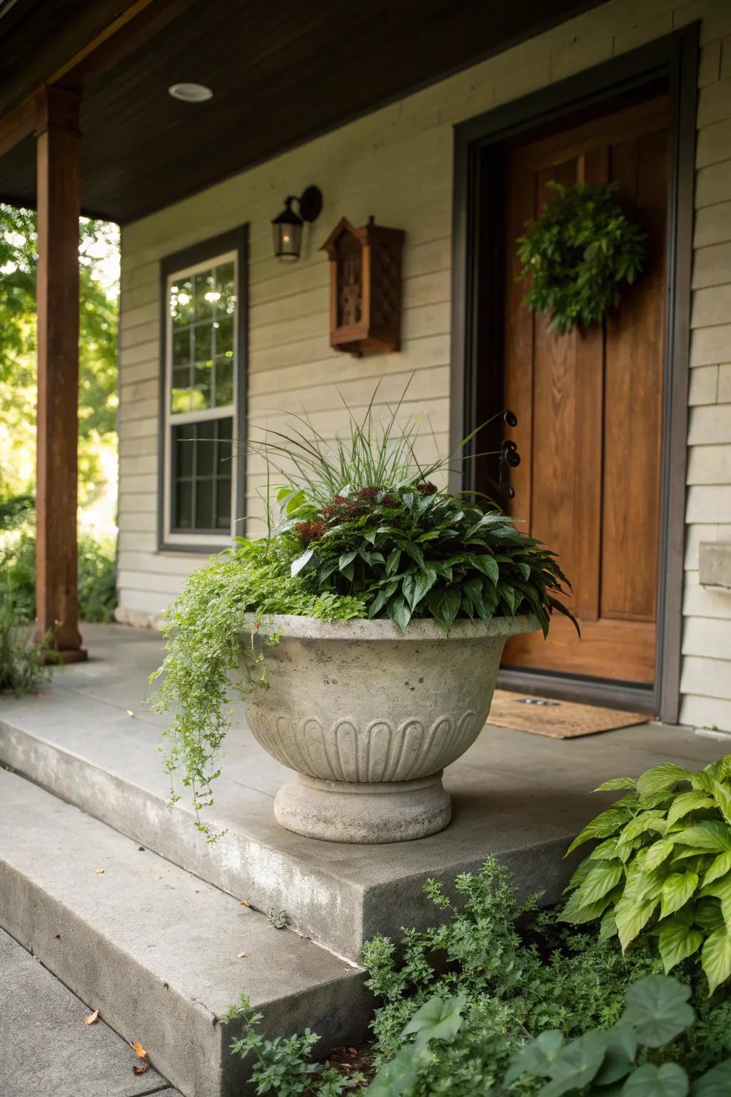 A small concrete porch with a large planter as the focal point.
