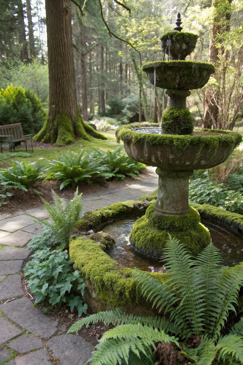 Mossy fountains evoke a sense of age-old enchantment.