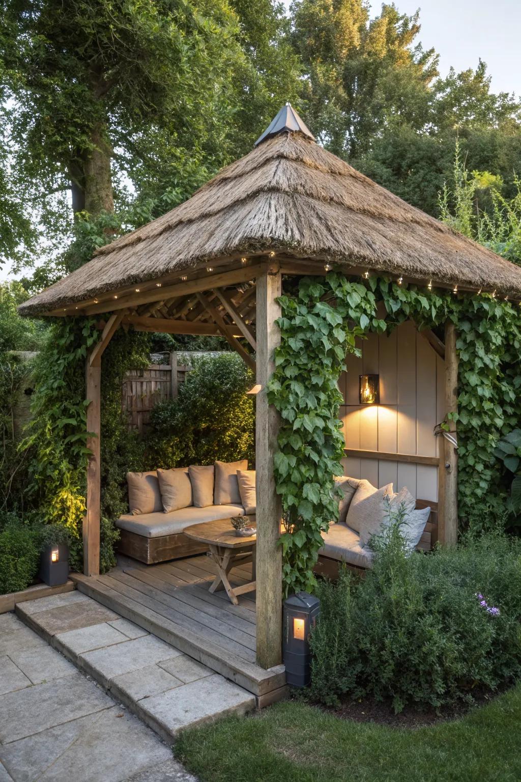 A thatched roof adds a rustic charm to a pergola.