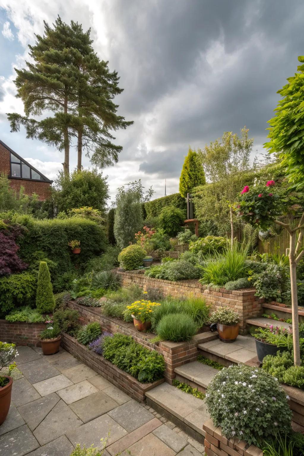 Multi-level planting adds depth to a small courtyard garden.