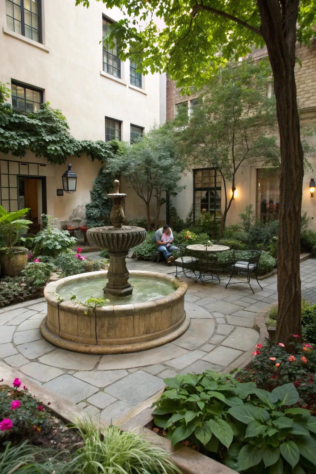 A fountain with integrated seating maximizes space in this small courtyard.