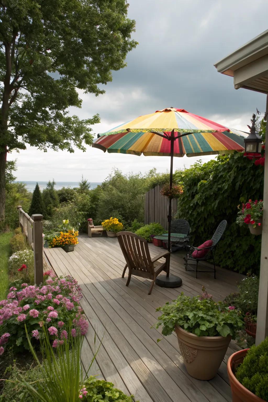 A patio umbrella offers shade and style without the cost.