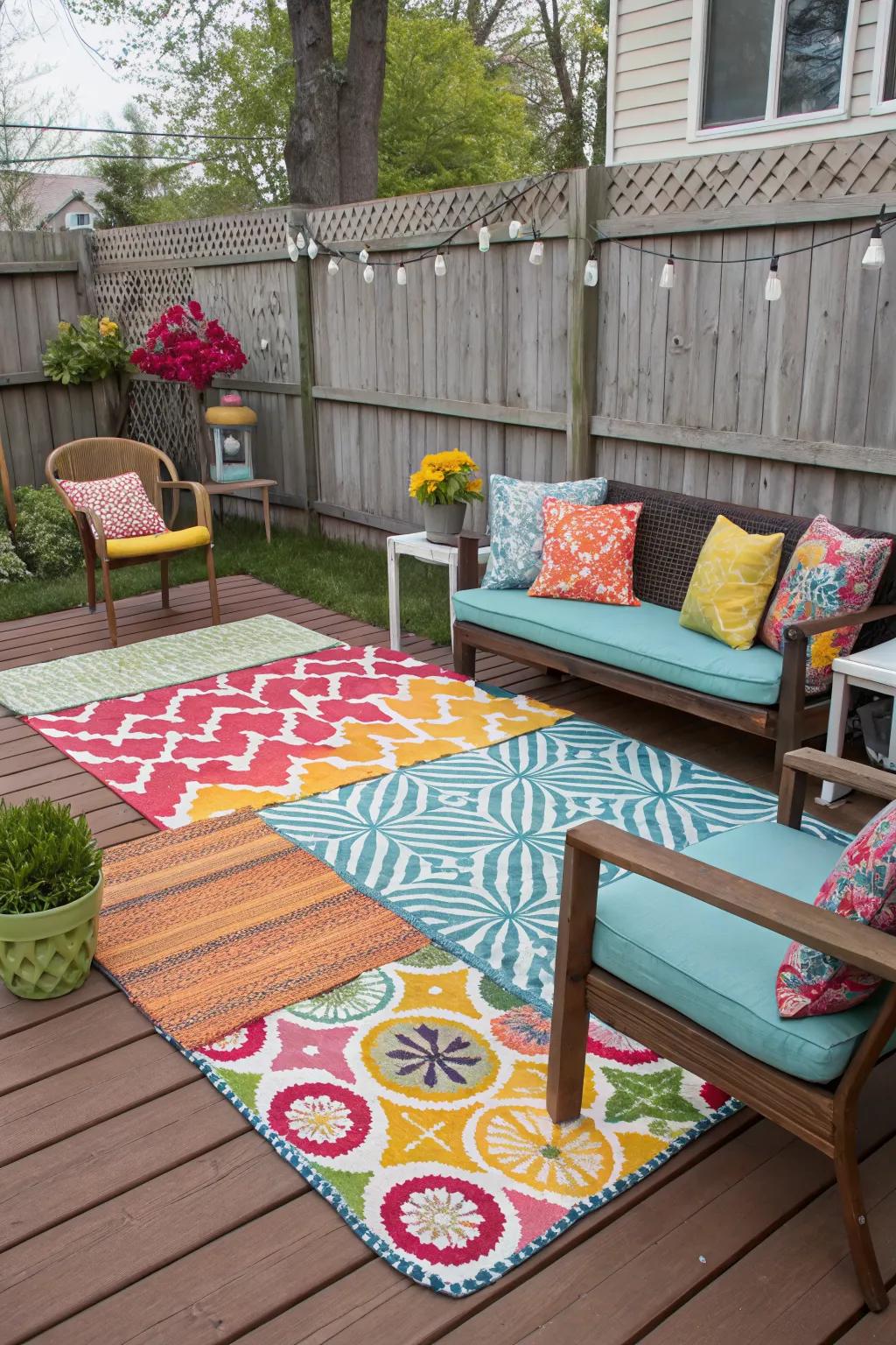 Outdoor rugs add comfort and style to seating areas.