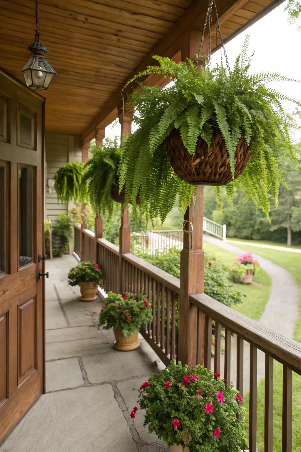 Hanging baskets of ferns add greenery to eye level.