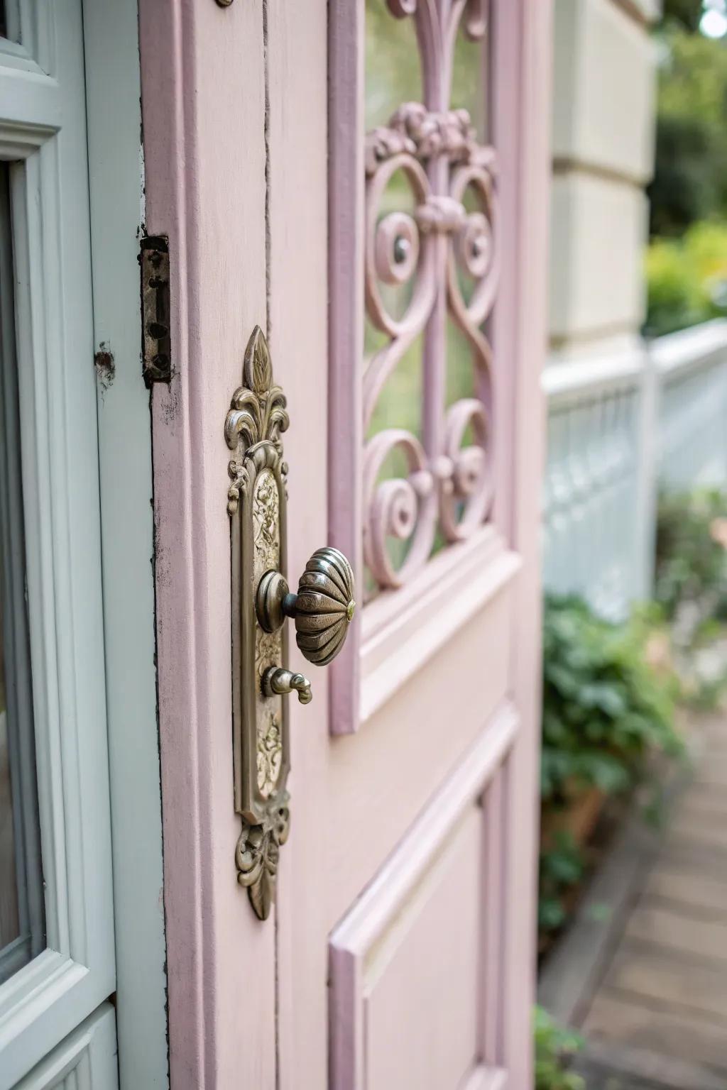 A decorative doorknob adds character to a small front door.
