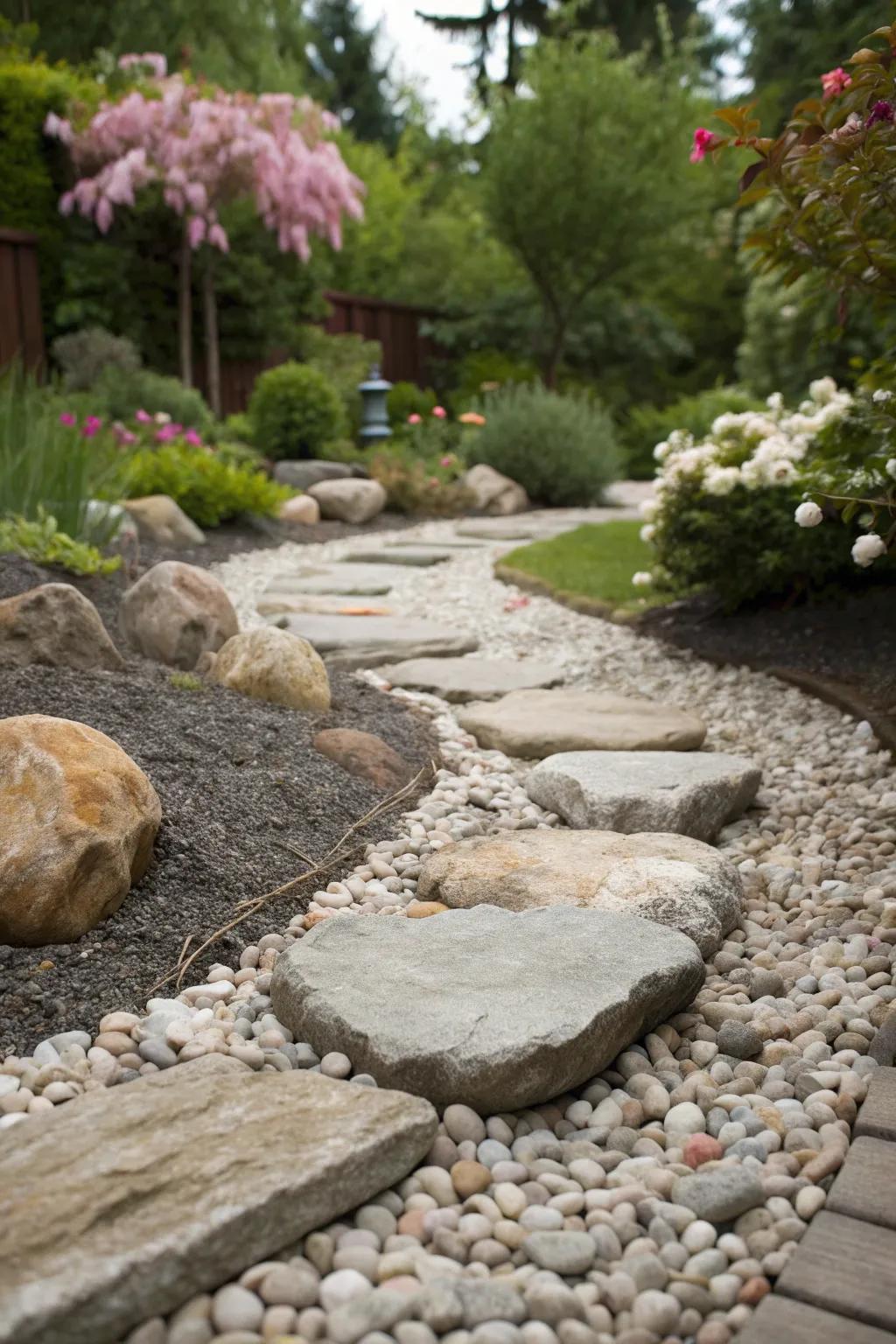 Layered pebbles add texture and visual interest.