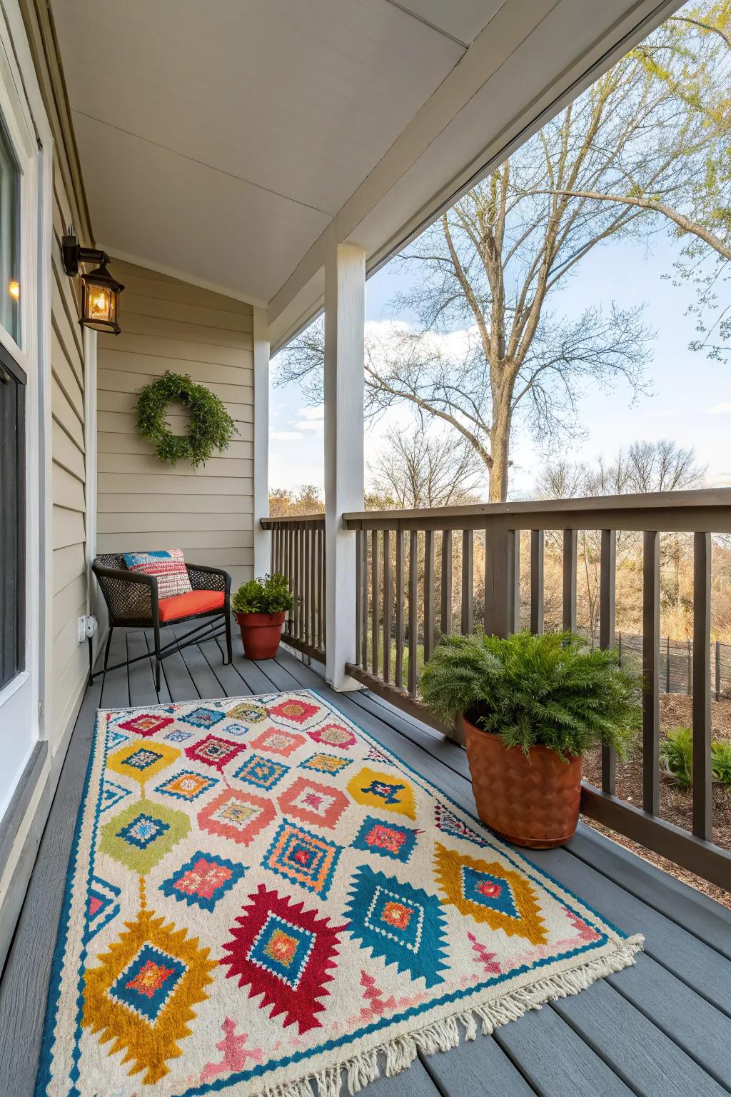 A colorful rug adds warmth and definition to this porch