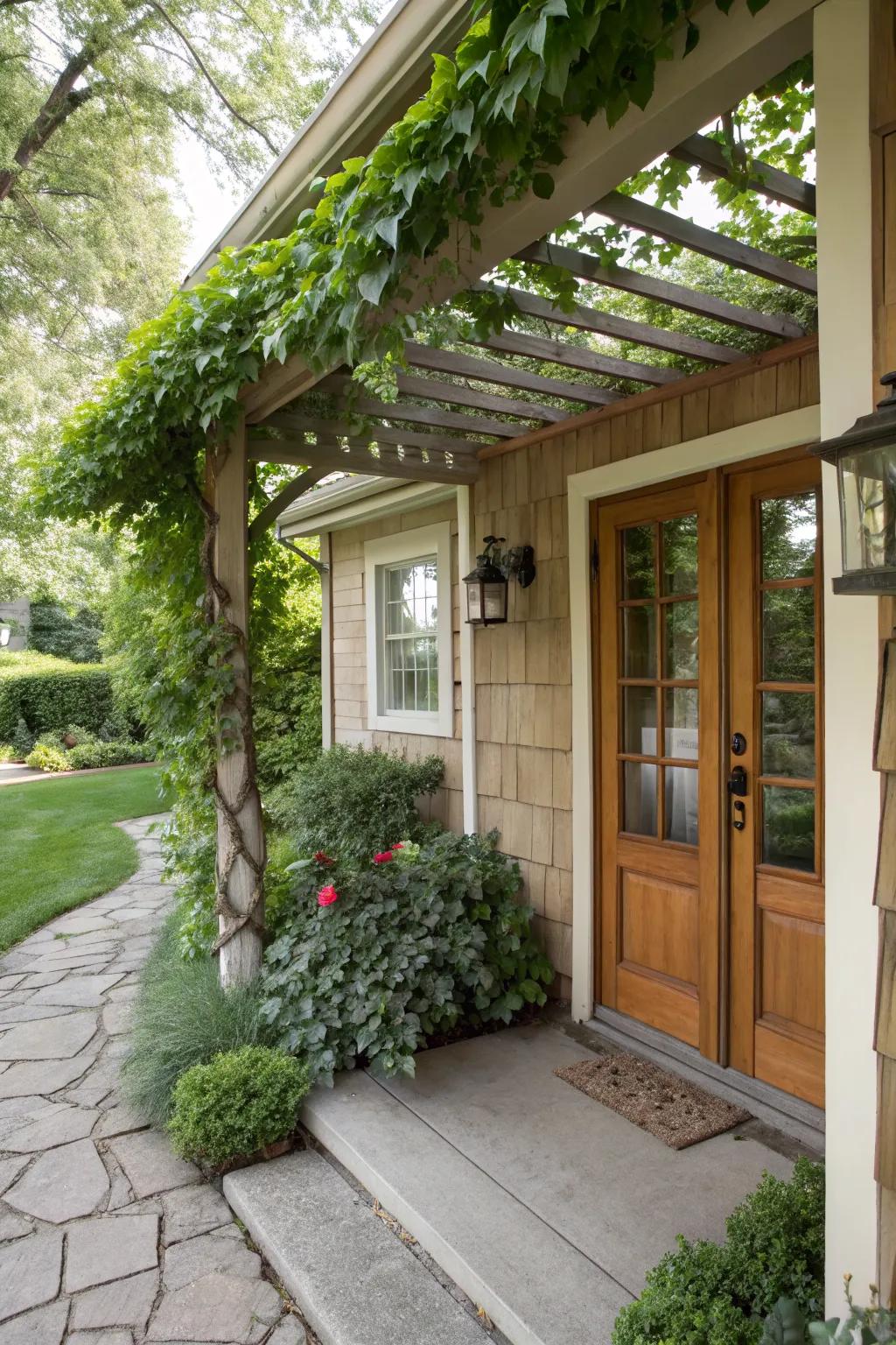 A pergola-style awning offers natural beauty and charm.