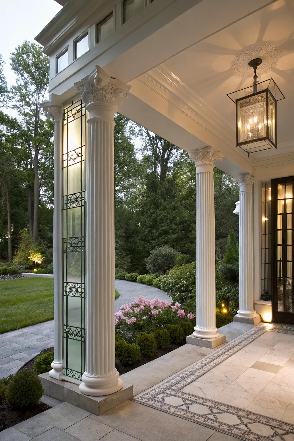 Glass accents in columns add a luxurious feel to this elegant porch.