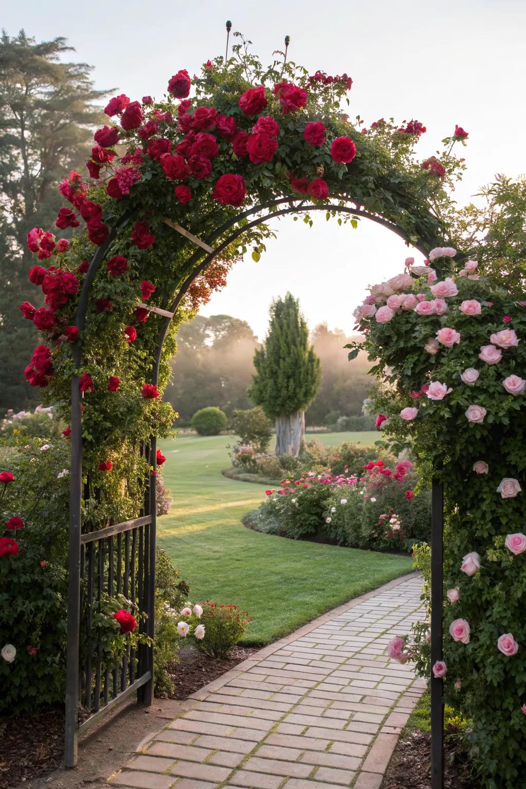 A garden entrance beautifully adorned with a rose-covered arch.