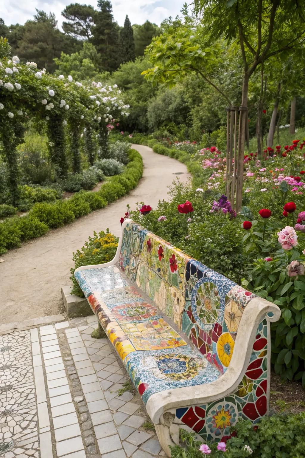 Vibrant mosaic bench serving as a statement piece in the garden.