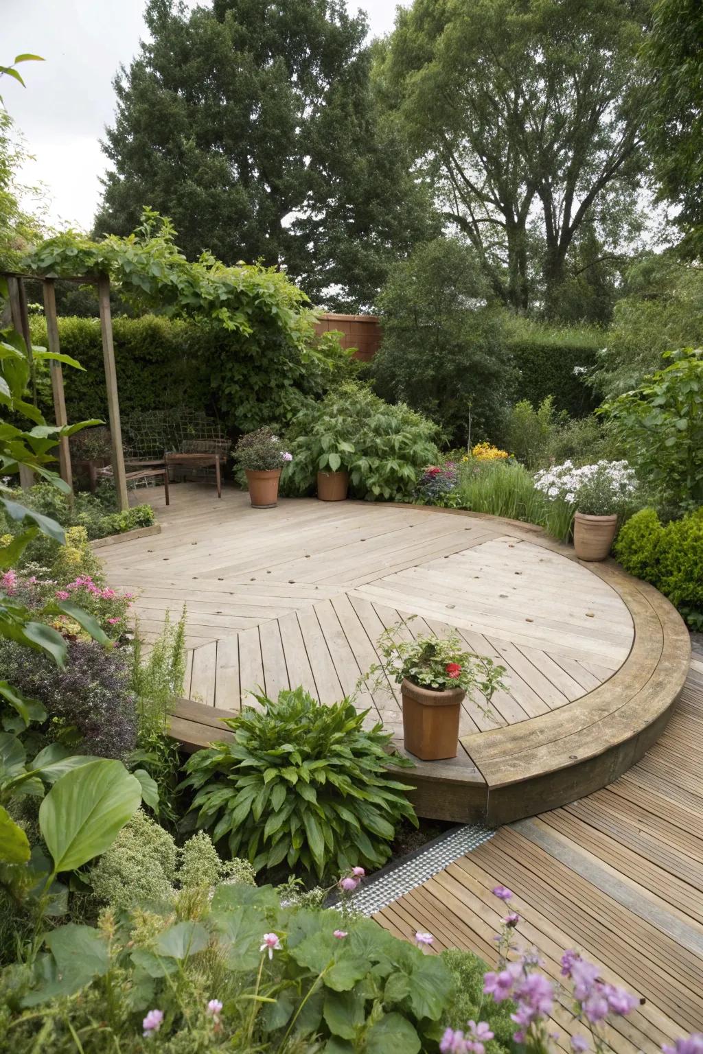 A circular deck adds a unique touch to the garden.