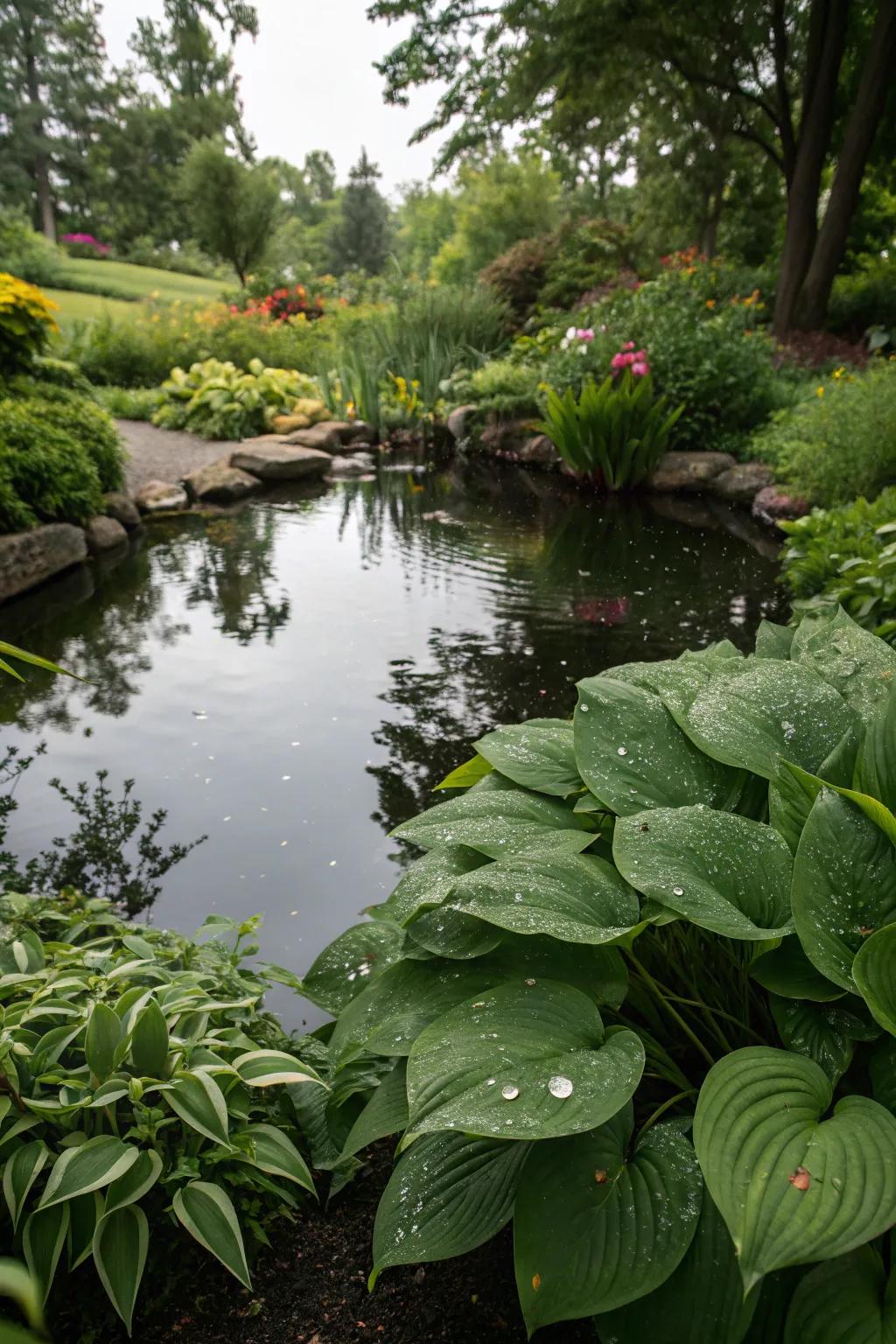 Introduce tranquility with a small pond.