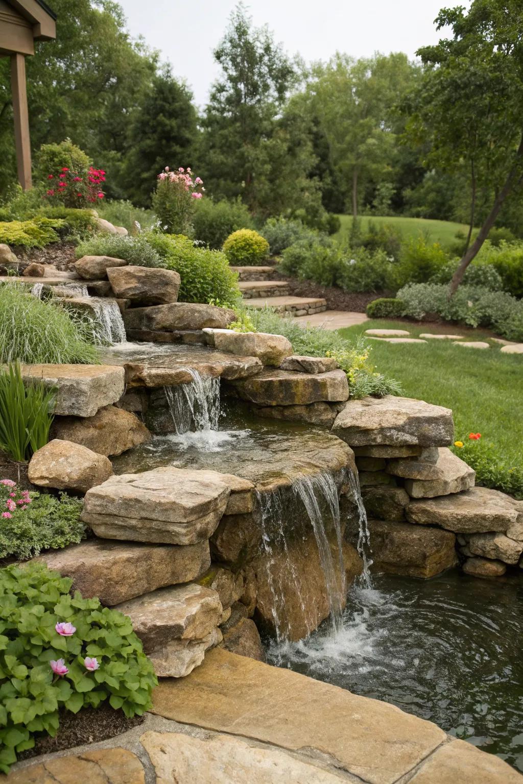 A rock cascade blends into a woodland theme.