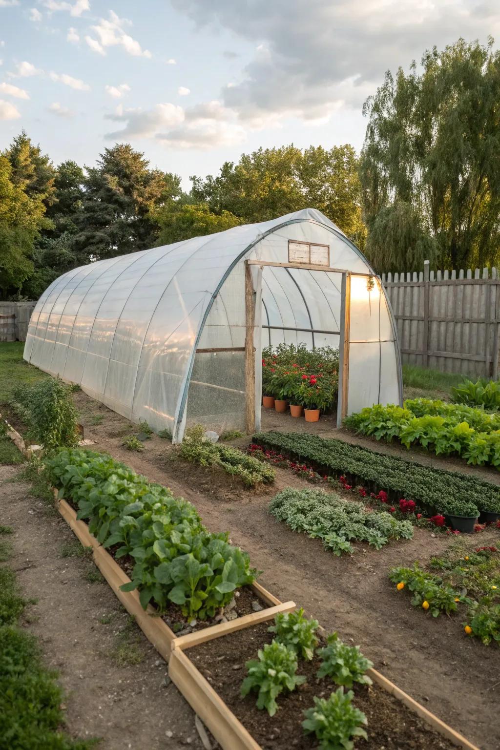 A versatile hoop house greenhouse for easy gardening.