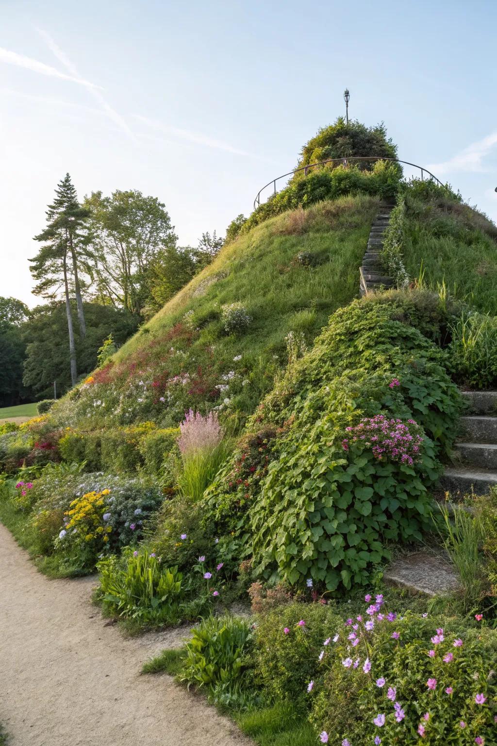 Maximize space with vertical planting on your hillside.