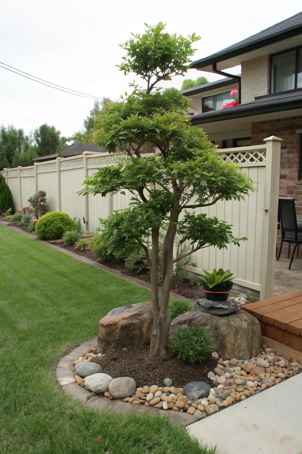 Dwarf trees offer elegance in compact spaces.