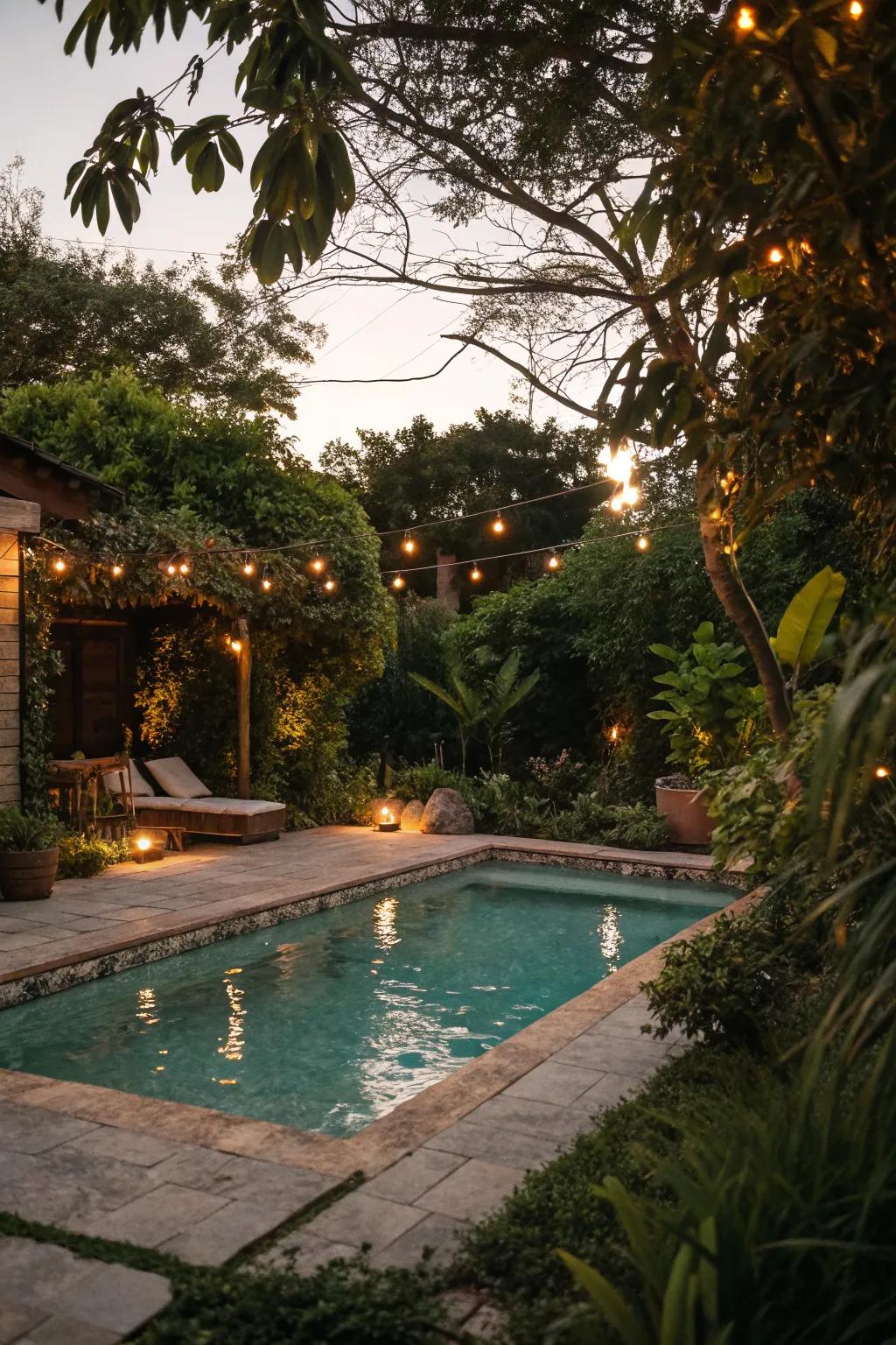 Ambient lighting enhances safety and ambiance for nighttime enjoyment.