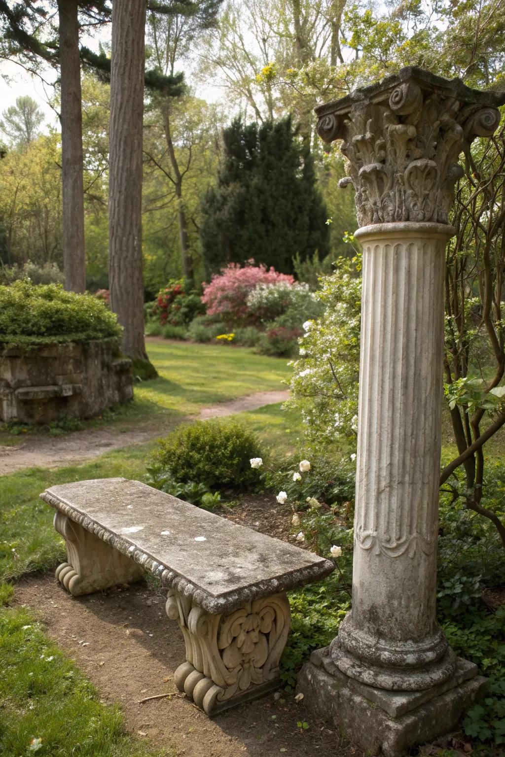 An antique stone bench and column evoke Italian villa vibes.