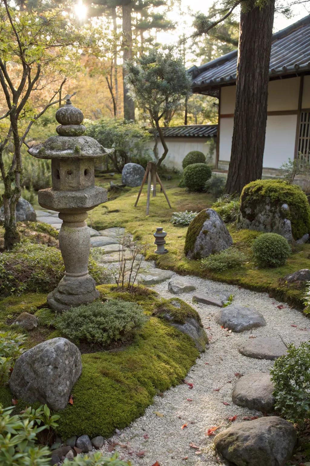 Stone sculptures add depth and artistic flair to your garden.