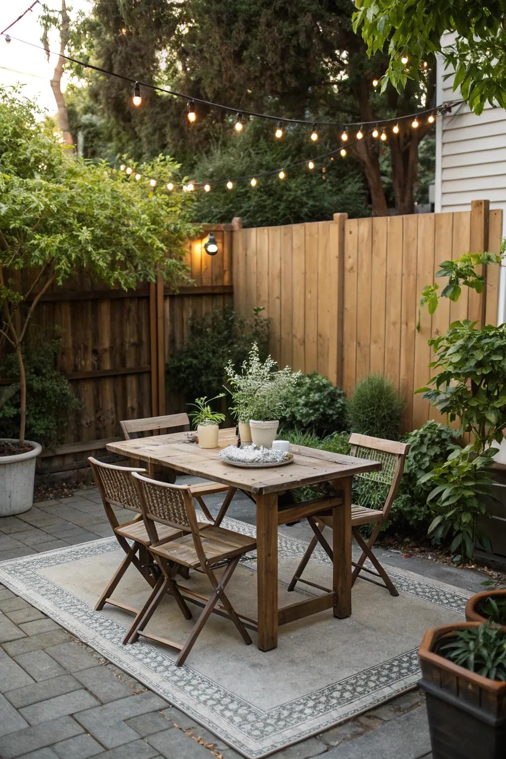Rustic dining setup for alfresco meals on a small patio.