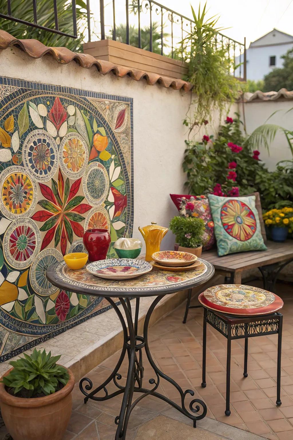 Mosaic art adds a personal and colorful touch.