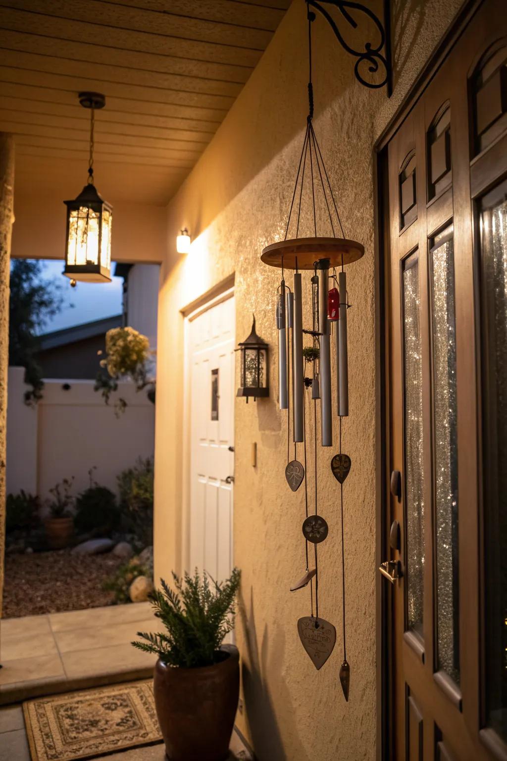 Unique wind chimes add sound and charm to entryways.